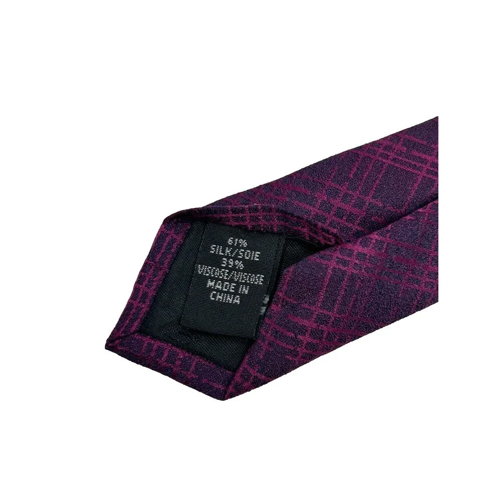 Calvin Klein Men’s Tie Purple Magenta Plaid Geometric Skinny  57.5